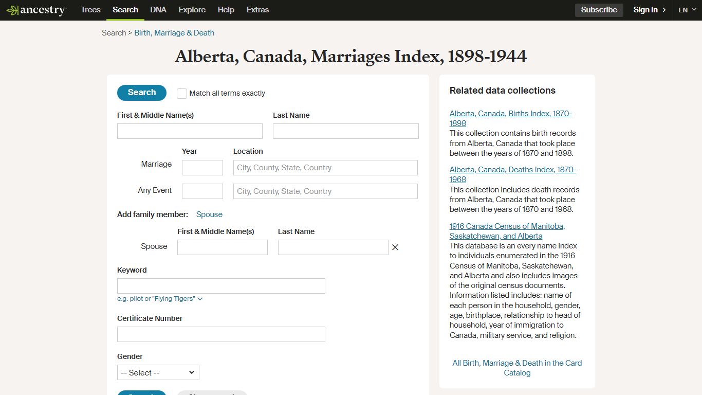 Alberta, Canada, Marriages Index, 1898-1944 - Ancestry.com